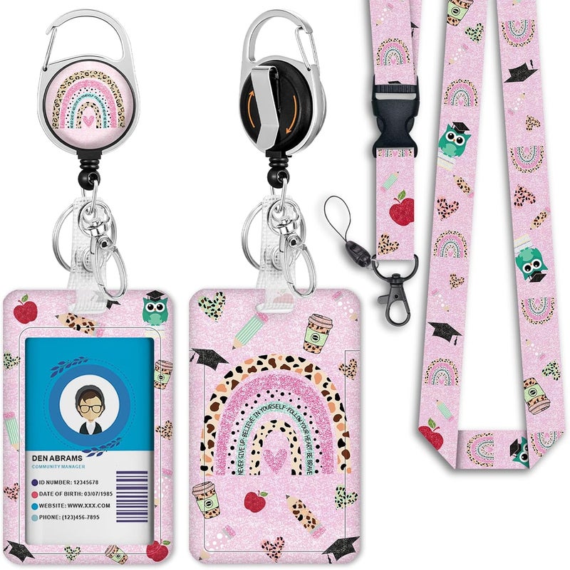 GIANCOMICS Rainbow Teacher Lanyards for Id Badges, Cute Badge Reel Heavy Duty with Carabiner Clip, Fashionable ID Badge Holder with Breakaway Lanyard, Teacher Nurse Office Christmas Gifts - Image 1